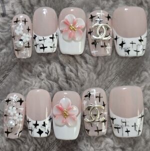 Designer Inspired Luxury Pink Floral Press-On Nail Set with Accent Charms